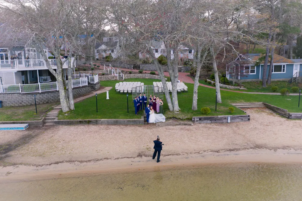 Aerial view of the ceremony lawn and beach
